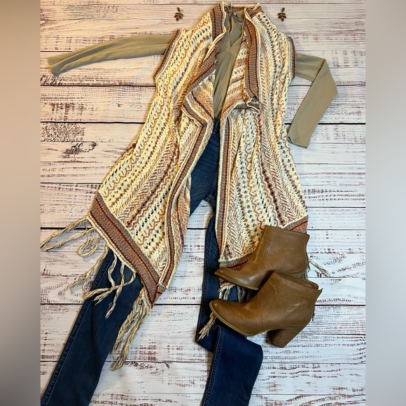 Miss me open front cardigan with fringe  medium boho aztec - Picture 1 of 4